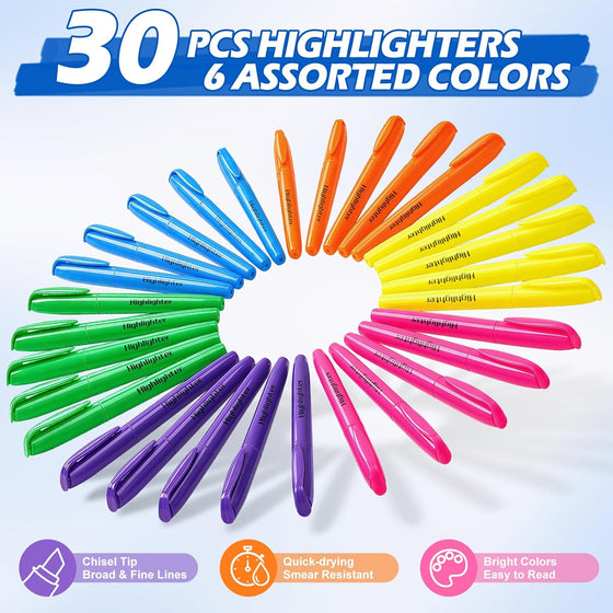 Jumlys 30 Pack Highlighters in 6 Assorted Colors, Bright With Soft Chisel Tips, No Bleed, Ideal for Office and School Supplies - hover image