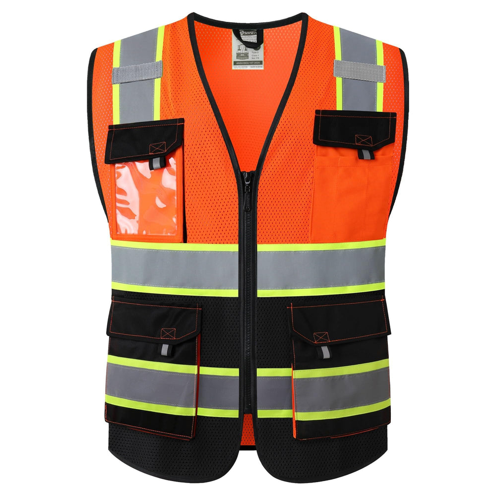 JKSafety Hi Vis Reflective Safety Vests for Men Women High Visibility Vest with Pockets Mesh Fabric Construction Safety Apparel Neon Vest for Work (220-Black L)