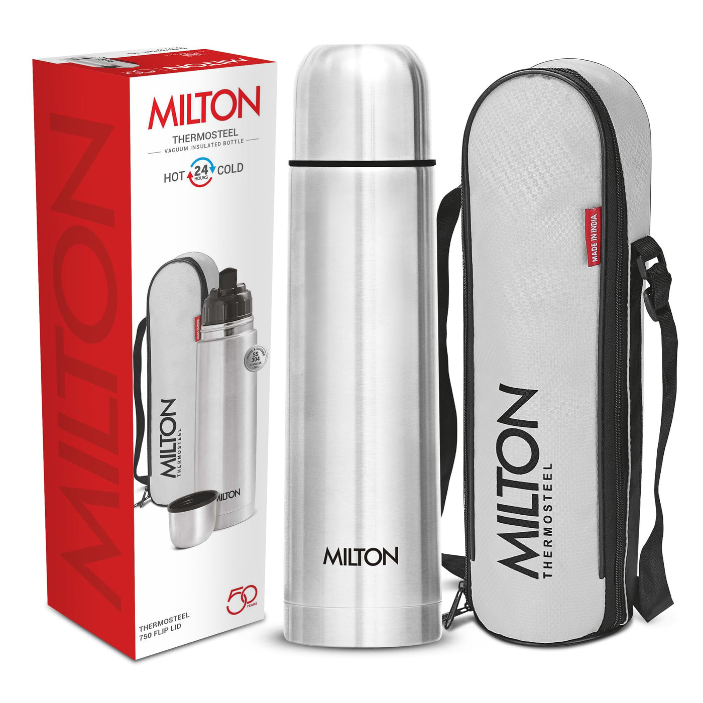 Milton Thermosteel Flip Lid Flask 350, Double Walled Vacuum Insulated Thermos 350 ml | 12 oz | 24 Hours Hot and Cold Water Bottle with Cover, 18/8 Stainless Steel, BPA Free, Leak-Proof | Silver