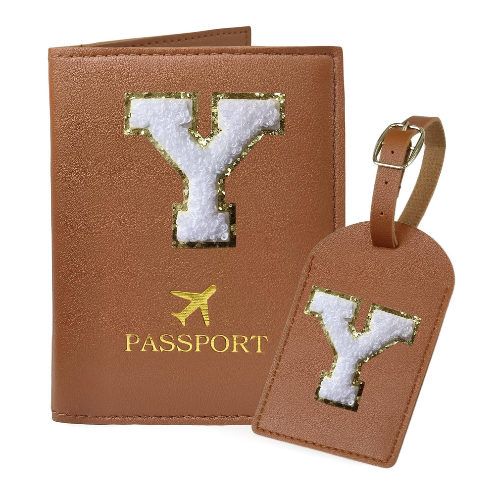COSHAYSOO Purple Passport Cover Holder and Initial Luggage Tag Set TSA Approved with Personalized Monogram Chenille Letter Patch for Women Teen Girls, Cute Travel Bag Suitcase Identifier (A)