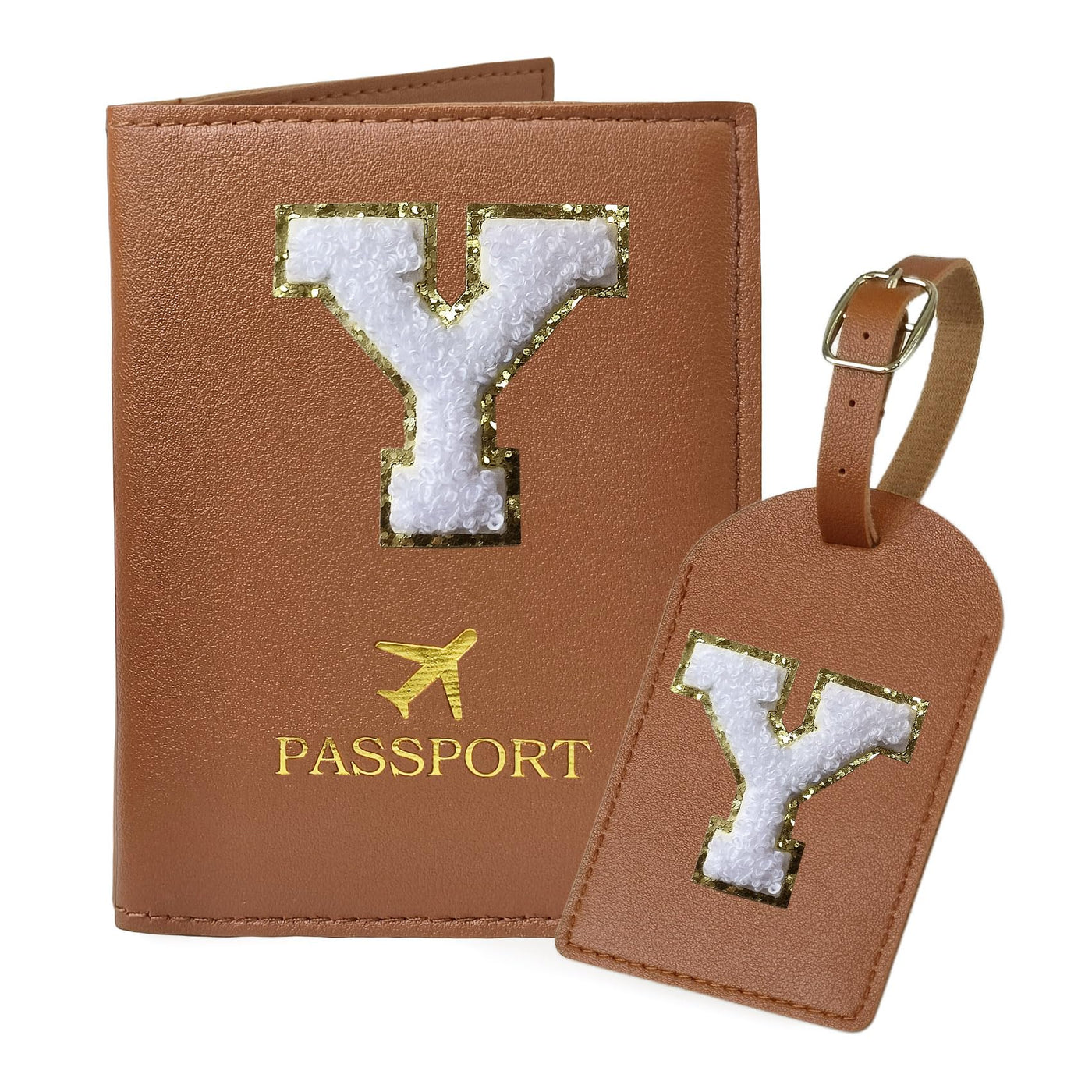 COSHAYSOO Purple Passport Cover Holder and Initial Luggage Tag Set TSA Approved with Personalized Monogram Chenille Letter Patch for Women Teen Girls, Cute Travel Bag Suitcase Identifier (A)