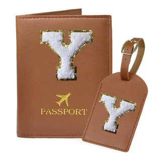 COSHAYSOO Purple Passport Cover Holder and Initial Luggage Tag Set TSA Approved with Personalized Monogram Chenille Letter Patch for Women Teen Girls, Cute Travel Bag Suitcase Identifier (A)