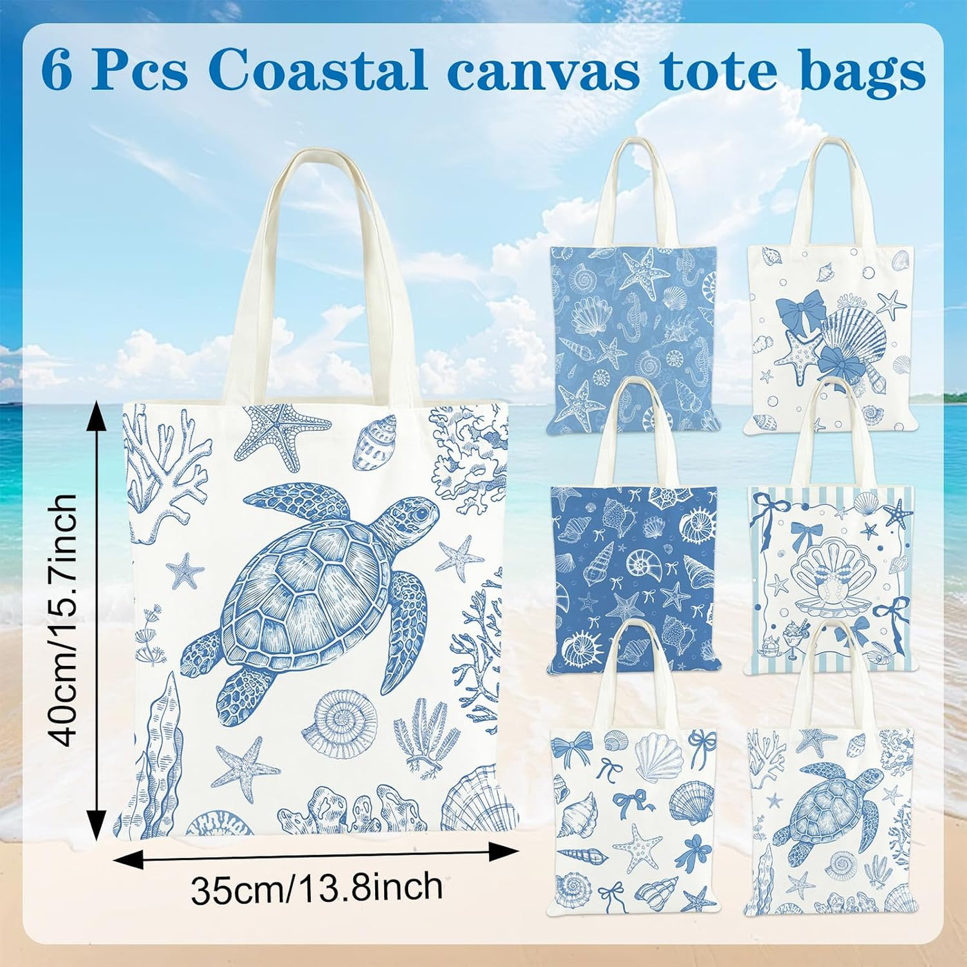 IANFEPH 6Pcs Coastal Canvas Tote Bags, Blue Bow Seashell Reusable Grocery Bag for Women Summer Beach Bag Gift for Bridal Shower Bachelorette Nautical Birthday Party Favors, 15.7 x 13.8 Inch