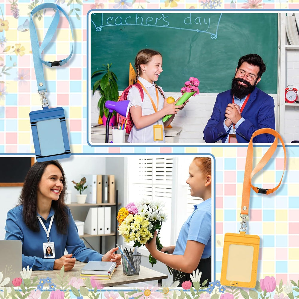Harloon 6 Pcs Teacher ID Badge Holder with Lanyard Back to School Teacher Gifts Bulk PU Cute Composition Notebook Pencil Crayon Apple ID Badge Holder for First Day of School Stuff Office Gifts Decor