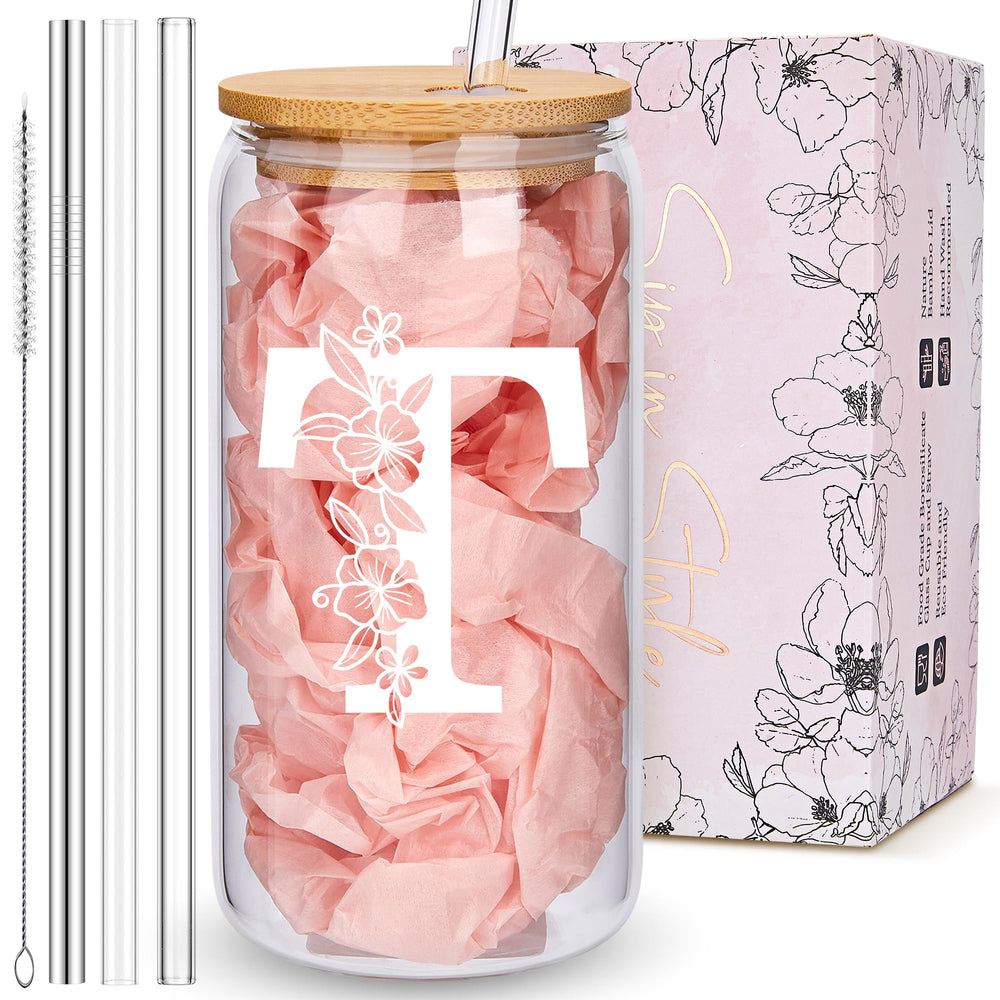 Personalized Tumbler, Monogrammed Can Glass Cups with Bamboo Lids and Straws, Customized Gifts for Women, Cute Design Initial Iced Coffee glasses, Custom Letter Mug, Birthday Bridesmaid, W