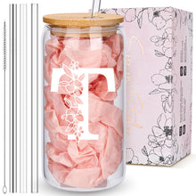 Personalized Tumbler, Monogrammed Can Glass Cups with Bamboo Lids and Straws, Customized Gifts for Women, Cute Design Initial Iced Coffee glasses, Custom Letter Mug, Birthday Bridesmaid, W
