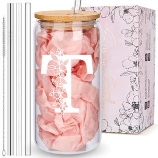 Personalized Tumbler, Monogrammed Can Glass Cups with Bamboo Lids and Straws, Customized Gifts for Women, Cute Design Initial Iced Coffee glasses, Custom Letter Mug, Birthday Bridesmaid, W