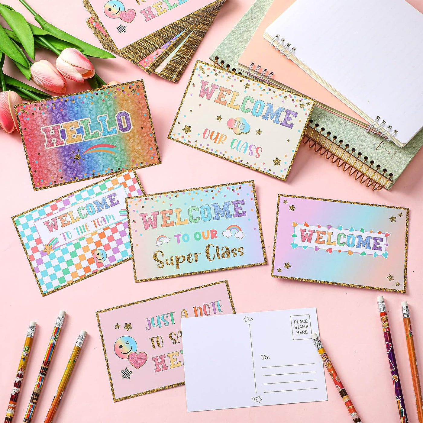 Gilprop 60 Pcs Pastel Checkerboard Welcome Postcards 4 x 6 Inches Hello Postcards Welcome Back to School Cards Welcome to Class Post Cards Blank Postcards for Kids Adults Teacher Students Team