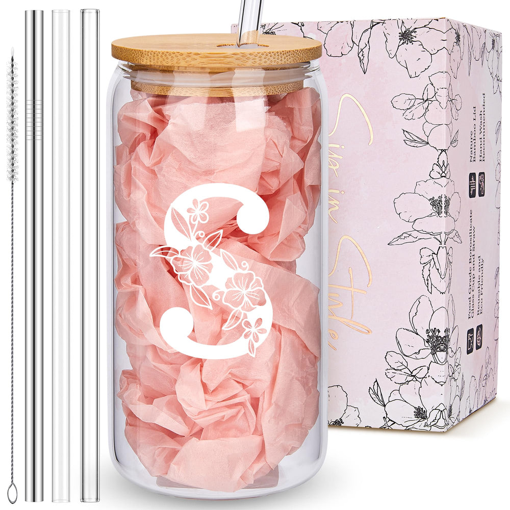 Personalized Tumbler, Monogrammed Can Glass Cups with Bamboo Lids and Straws, Customized Gifts for Women, Cute Design Initial Iced Coffee glasses, Custom Letter Mug, Birthday Bridesmaid, W