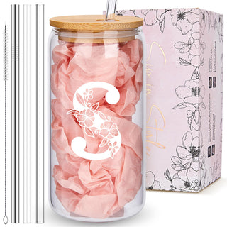 Personalized Tumbler, Monogrammed Can Glass Cups with Bamboo Lids and Straws, Customized Gifts for Women, Cute Design Initial Iced Coffee glasses, Custom Letter Mug, Birthday Bridesmaid, W