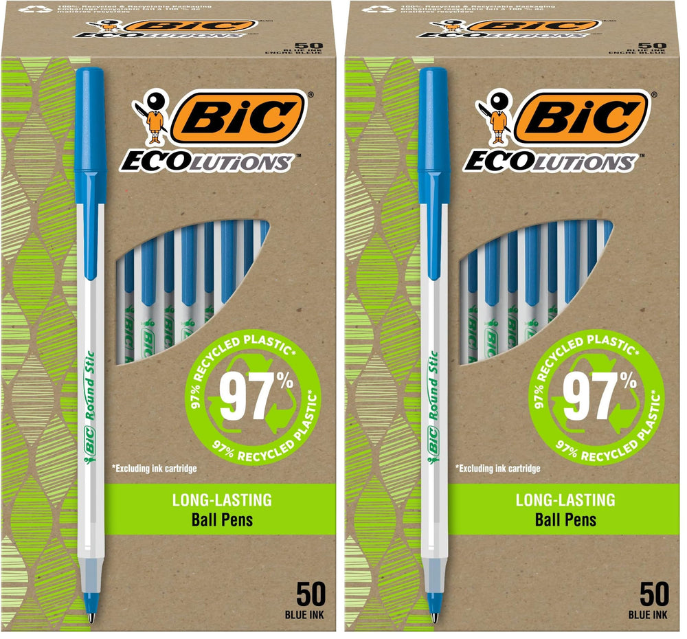 BIC Ecolutions Round Stic Ballpoint Pens, Medium Point (1.0mm), 50-Count Pack, Black Ink Pens Made from 97% Recycled Plastic