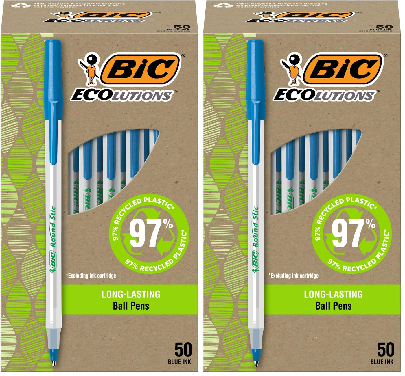 BIC Ecolutions Round Stic Ballpoint Pens, Medium Point (1.0mm), 50-Count Pack, Black Ink Pens Made from 97% Recycled Plastic