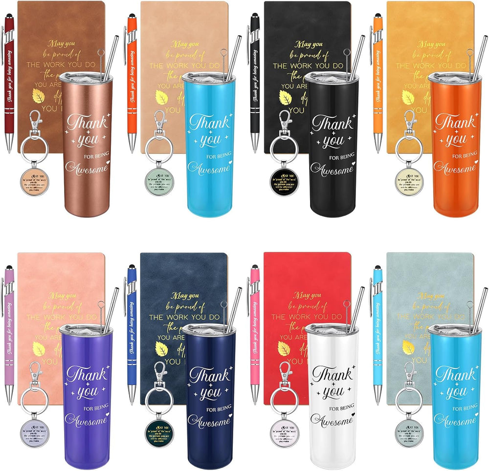 Ireer Employee Appreciation Gifts Thank You Teacher Gifts 20 oz Insulated Tumbler Keychain Pen Notepad(Vibrant Colors,8 Sets)
