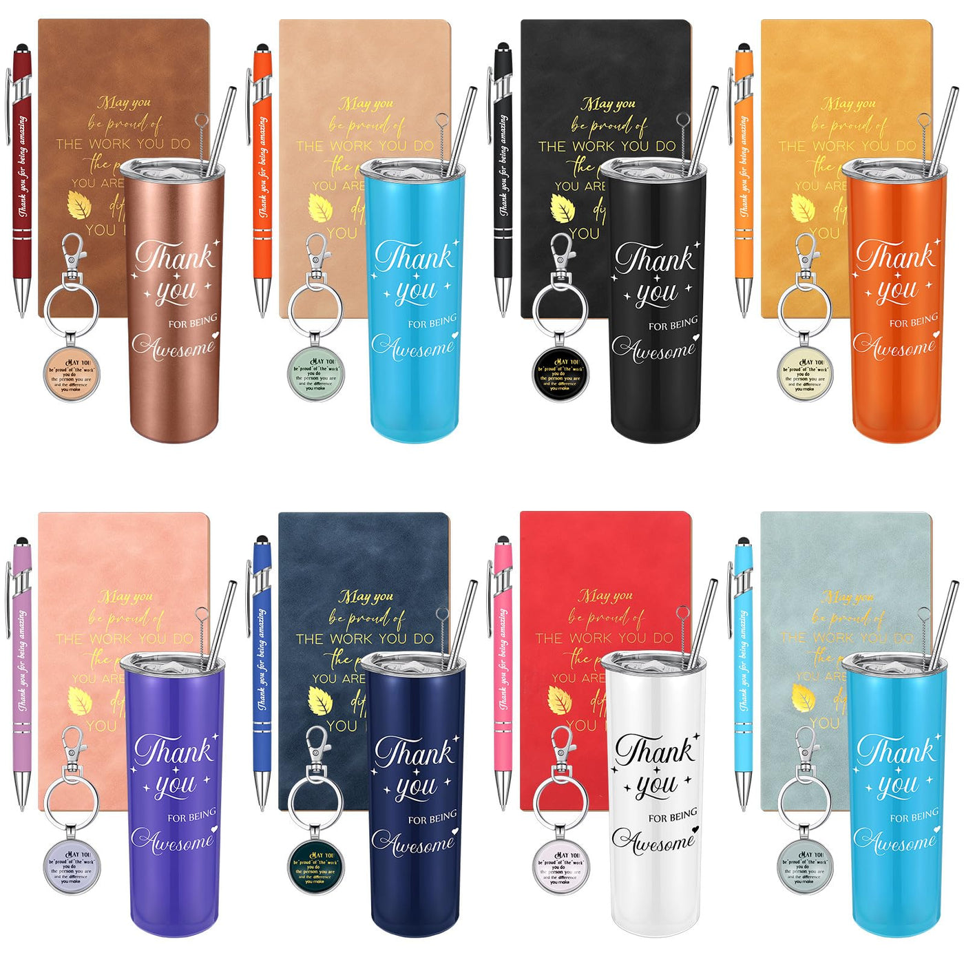 Ireer Employee Appreciation Gifts Thank You Teacher Gifts 20 oz Insulated Tumbler Keychain Pen Notepad(Vibrant Colors,8 Sets)