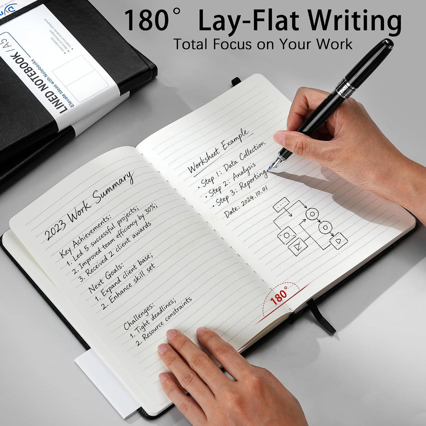 Dynta A5 Lined Journal 6 Pack - Black PU Leather Hardcover Notebook, 100gsm Thick Paper, 200 Pages (100 Sheets), Office Work Business Notebook with Table of Contents & Back Pocket for Meetings & Teams