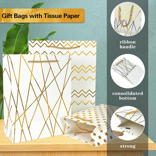 KEEPARTY Assorted Sizes Gold Foil Gift Bags with Tissue Paper Suitable for Many Occasions Set of 10 with 6 Design Styles 4 Small 4 Medium and 2 Large Gift Bags