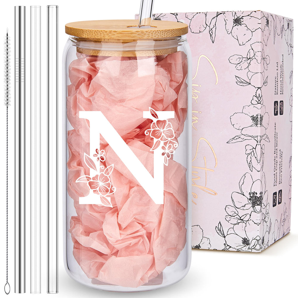 Personalized Tumbler, Monogrammed Can Glass Cups with Bamboo Lids and Straws, Customized Gifts for Women, Cute Design Initial Iced Coffee glasses, Custom Letter Mug, Birthday Bridesmaid, W