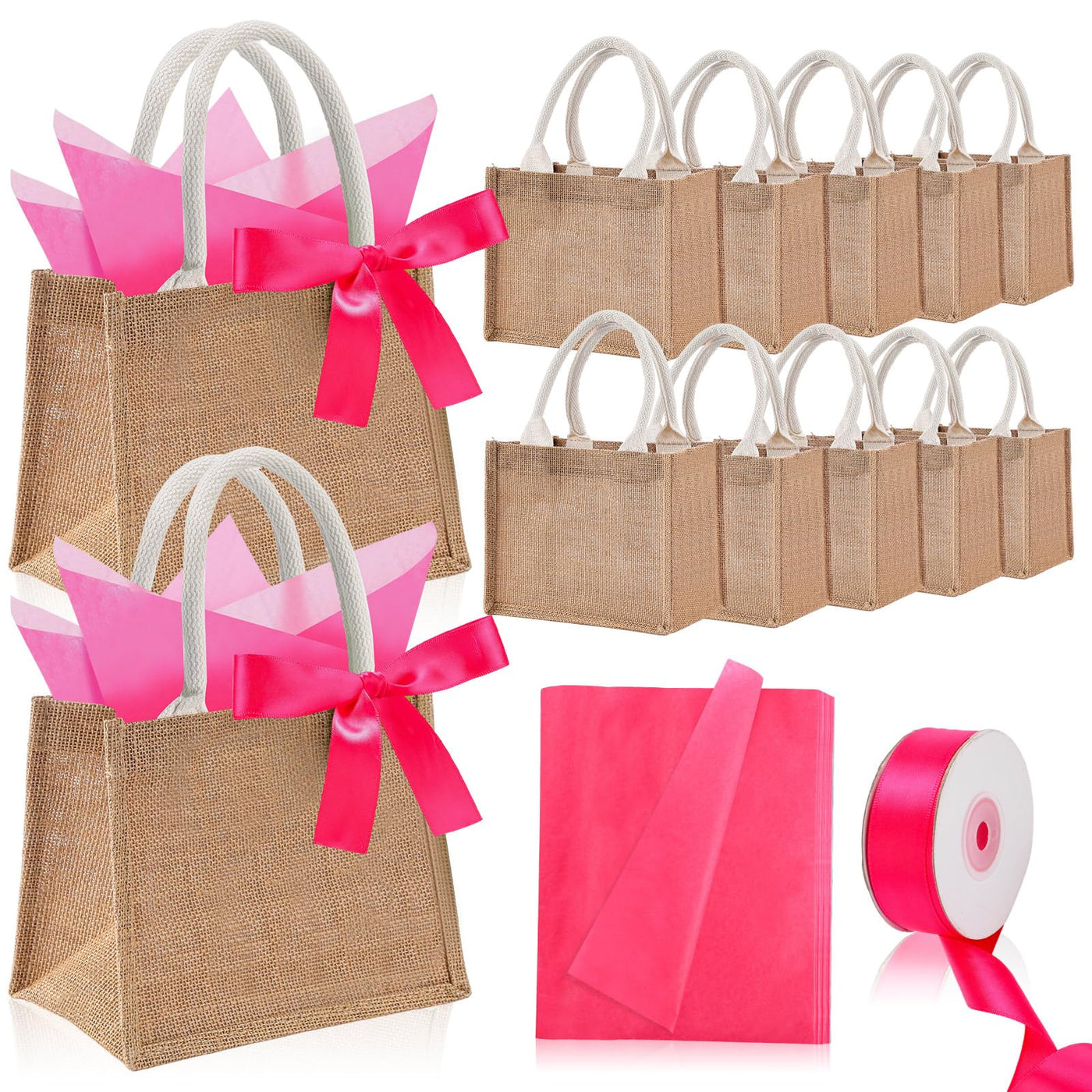 Shinylin 12 Pack Burlap Tote Bags Bulk with Handles Small Wedding Jute Tote Bag with Pink Tissue Paper & Ribbon, Reusable Party Favor Bags for Bridesmaid Proposal Bridal Shower Galentine's Day