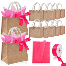 Shinylin 12 Pack Burlap Tote Bags Bulk with Handles Small Wedding Jute Tote Bag with Pink Tissue Paper & Ribbon, Reusable Party Favor Bags for Bridesmaid Proposal Bridal Shower Galentine's Day