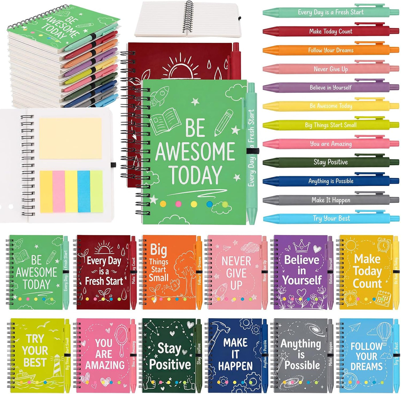 48 Pcs Motivational Gifts Bulk, Colorful Inspirational Notebooks with Matching Pens & Sticky Notes, Back to School Journals for Kids, Classrooms, Teachers, Team Building (5.5 x 4.7 Inch)