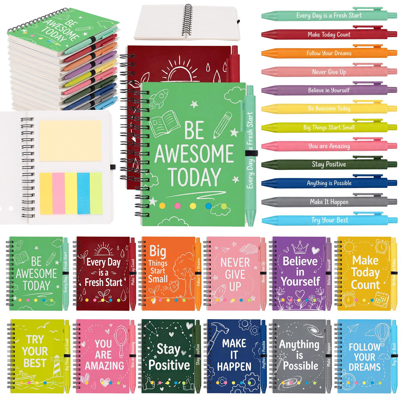 48 Pcs Motivational Gifts Bulk, Colorful Inspirational Notebooks with Matching Pens & Sticky Notes, Back to School Journals for Kids, Classrooms, Teachers, Team Building (5.5 x 4.7 Inch)