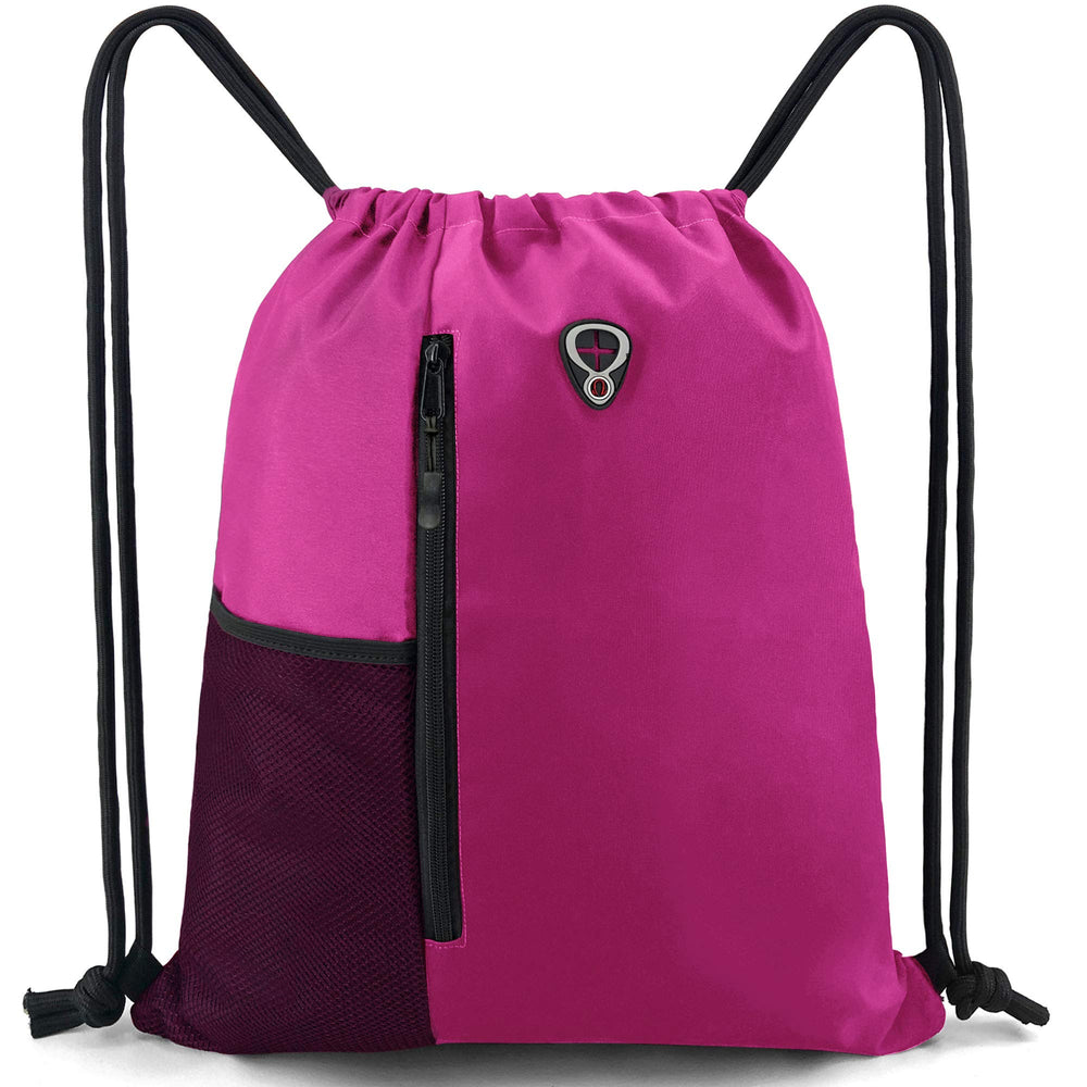 BeeGreen Black Drawstring Backpack Gym Bag For Men Women String Sports Backpack With Water Bottle Mesh Pockets And 2 Zippered Pocket Large Cinch Sackpack Workout Bag 16" x 20"