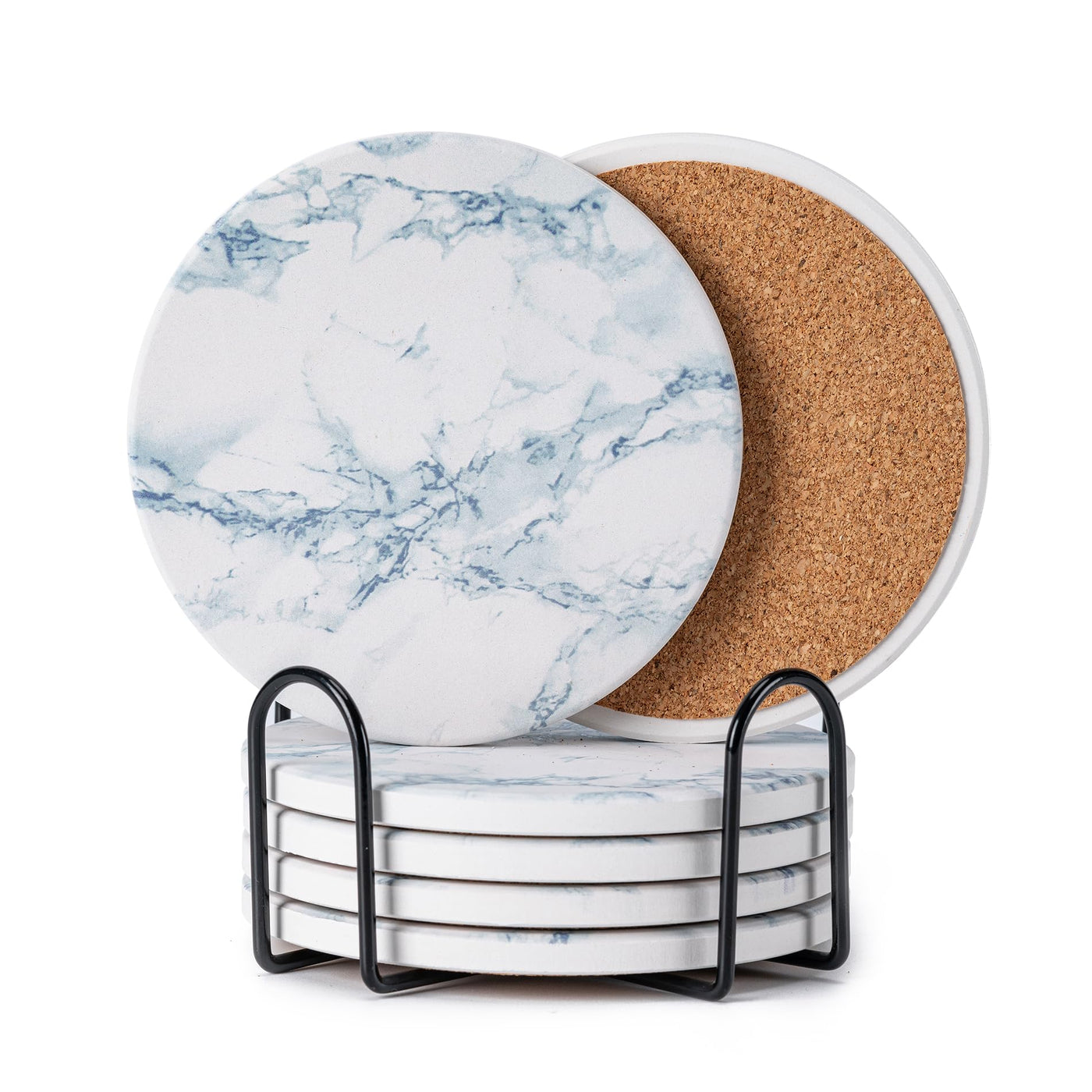 6Pcs Drink Coasters with Holder, Marble Style Ceramic Drink Coaster, Absorbent Coasters Set Suitable for Kinds of Cups, Modern Style Coaster for Coffee Table, 4 Inches