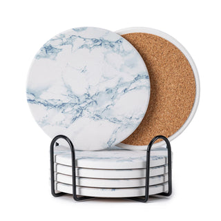 6Pcs Drink Coasters with Holder, Marble Style Ceramic Drink Coaster, Absorbent Coasters Set Suitable for Kinds of Cups, Modern Style Coaster for Coffee Table, 4 Inches