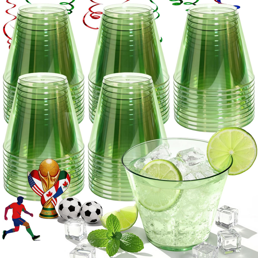 9 oz Clear Plastic Cups Green Plastic Disposable Cups for Cocktail 50 Pack Fancy Cocktail Cup for Party Stemless Wine Glasses for Wedding Graduation Birthday World Cup