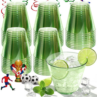 9 oz Clear Plastic Cups Green Plastic Disposable Cups for Cocktail 50 Pack Fancy Cocktail Cup for Party Stemless Wine Glasses for Wedding Graduation Birthday World Cup