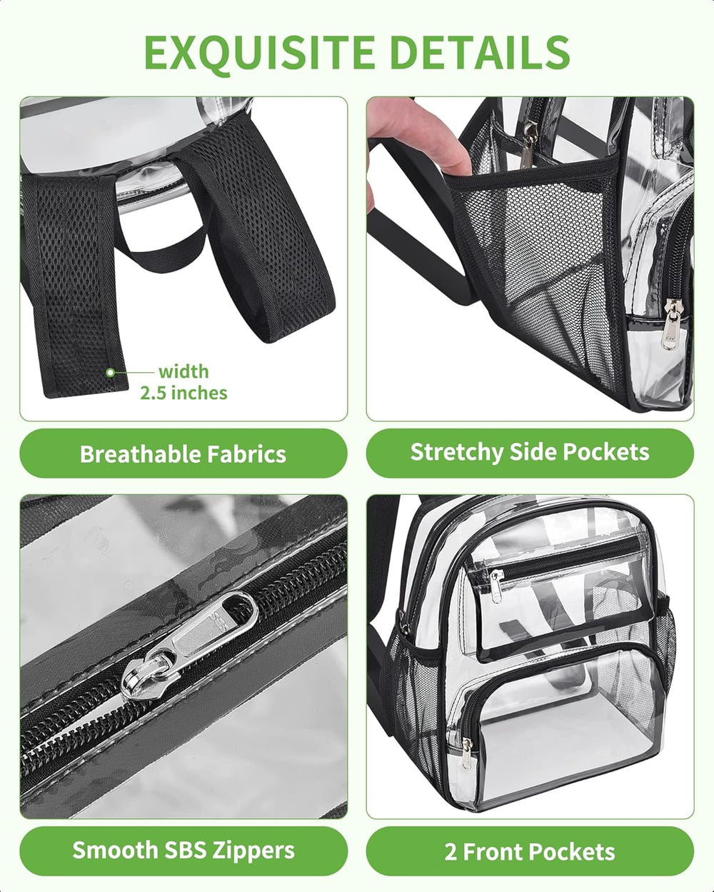 MAY TREE Clear Backpack Stadium Approved for Women and Men, Clear Bag for Stadium Events, Transparent bag for Concert Sporting Festival, Black