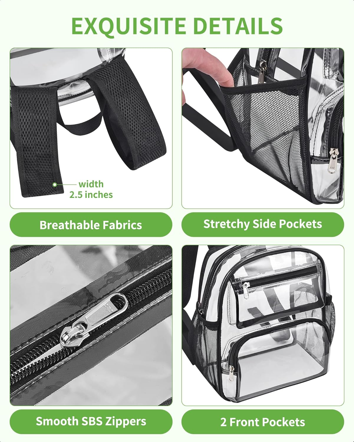 MAY TREE Clear Backpack Stadium Approved for Women and Men, Clear Bag for Stadium Events, Transparent bag for Concert Sporting Festival, Black
