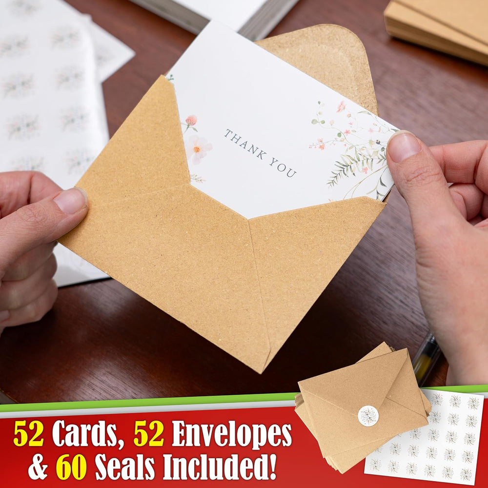 52-pack Floral Thank You Cards Bulk with Kraft Envelopes & Matching Stickers, 3.5x5 Inches, 6 Wildflower Designs | Perfect for Weddings, Baby & Bridal Showers, Graduations & Birthday