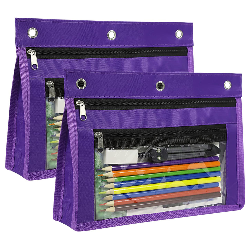 YoeeJob 2 Pack 1 Inch Expandable Zipper Pencil Pouches with Clear Window for 3 Ring Binder, Suitable for School & Office (Grey)