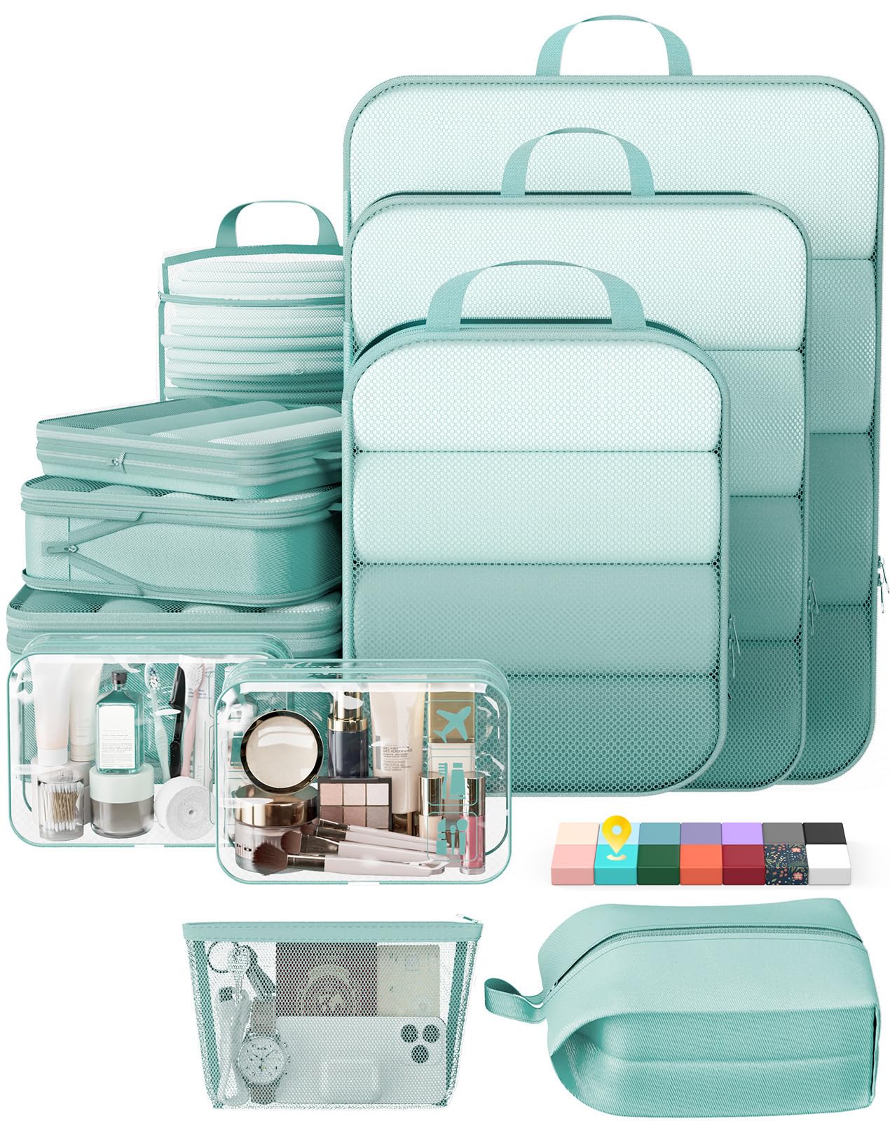 Veken 11-Pack Compression Packing Cubes for Travel Essentials,Compressible Expandable Large Luggage Suitcase Organizer Bags for Clothing,Durable Space Saver Bags with Toiletry Bags(Dark Green)
