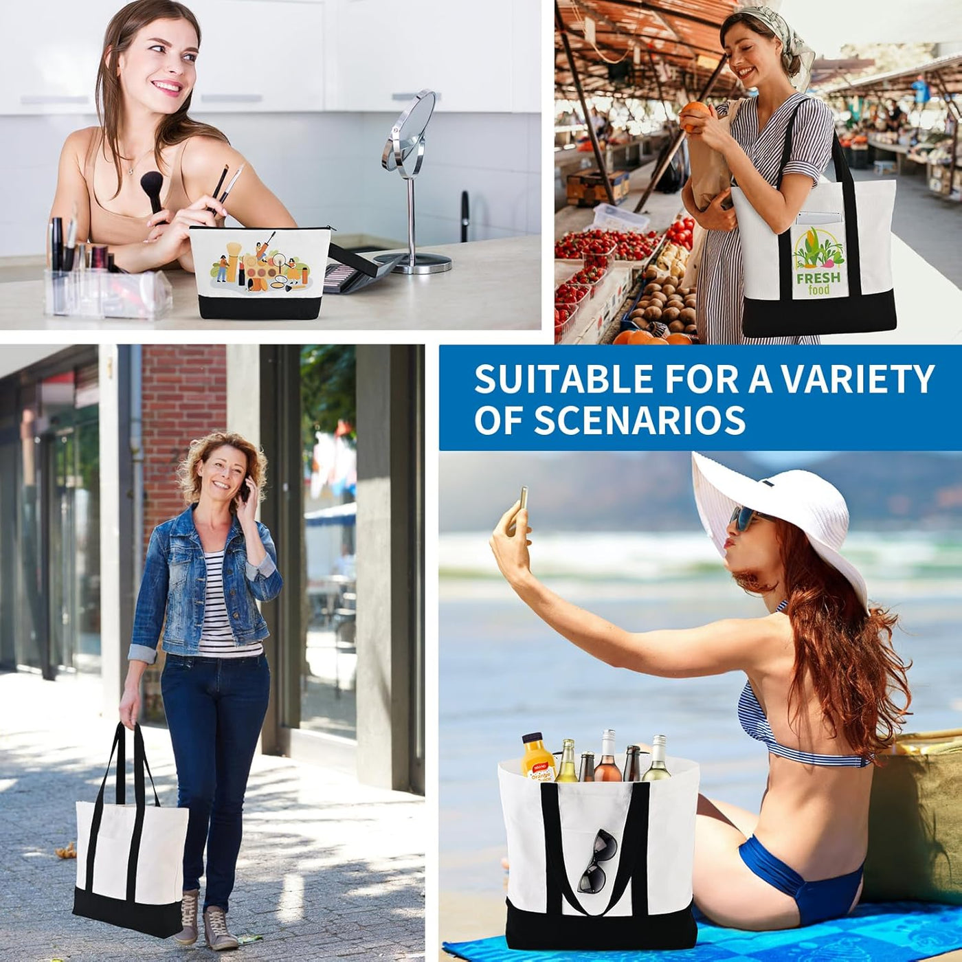 16 Pcs Canvas Tote Bags Bulk and Makeup Pouches Set, 12oz Cotton Reusable Zippered Grocery Bags with Handles, DIY Sublimation, Christmas Craft, Beach & Travel with External Pocket (Women & Men)