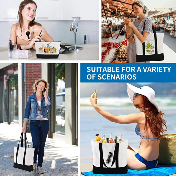 16 Pcs Canvas Tote Bags Bulk and Makeup Pouches Set, 12oz Cotton Reusable Zippered Grocery Bags with Handles, DIY Sublimation, Christmas Craft, Beach & Travel with External Pocket (Women & Men) - hover image