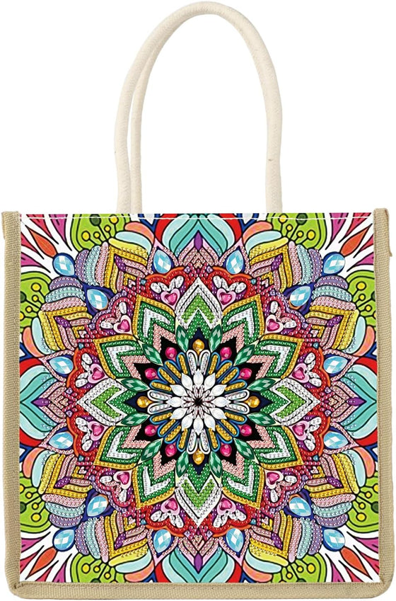 JZHYOAN Mandala Diamond Painting Canvas Tote Bags for Adults DIY Flower Diamond Art Tote Bags Kits Reusable Grocery Shopping Hand Storage Bag with Handles Portable Storage Bag for Family Woman Man