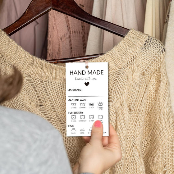 240pcs Handmade Care Instruction Tags 3.5x2in Material Washing Hang Card Hand Made Fabric Care Instructions Tag for Personalized Homemade Knitted Crochet Blanket Shirt Clothing Craft Items - hover image