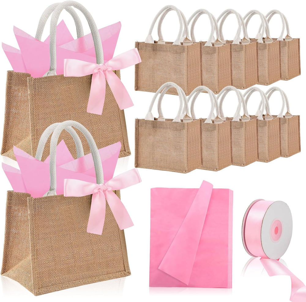 Shinylin 12 Pack Burlap Tote Bags Bulk with Handles Small Wedding Jute Tote Bag with Pink Tissue Paper & Ribbon, Reusable Party Favor Bags for Bridesmaid Proposal Bridal Shower Galentine's Day