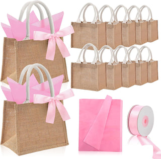 Shinylin 12 Pack Burlap Tote Bags Bulk with Handles Small Wedding Jute Tote Bag with Pink Tissue Paper & Ribbon, Reusable Party Favor Bags for Bridesmaid Proposal Bridal Shower Galentine's Day