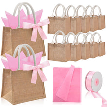 Shinylin 12 Pack Burlap Tote Bags Bulk with Handles Small Wedding Jute Tote Bag with Pink Tissue Paper & Ribbon, Reusable Party Favor Bags for Bridesmaid Proposal Bridal Shower Galentine's Day