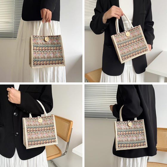 Women Tote Bag,2Pcs Jute Casual Tote's Handbag Embroidered Personalized Bento Bag,Reusable Grocery Bags Shopping Bags - hover image