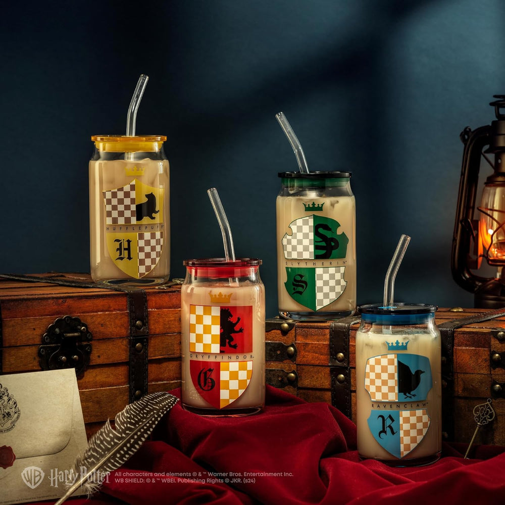 JoyJolt Harry Potter House Crests Glass Tumblers with Lids and Straws, 16oz Glass Cups with Lids and Straws, Can Shaped Drinking Glasses Set of 4, Hogwarts Cup, Harry Potter Merchandise