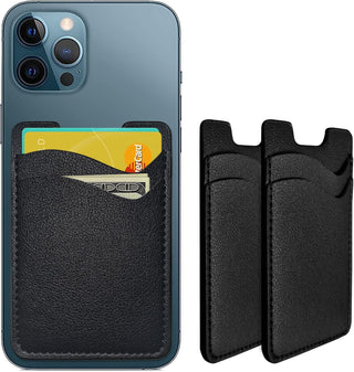 Puxnoin Phone Card Holder, Leather Phone Wallet Stick On, Card Holder for Back of Phone Credit Card Holder for Phone Case Compatible with Most of Cell Phone (iPhone, Samsung) - 2Pack Black