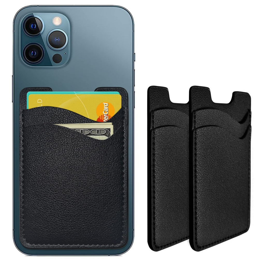 Puxnoin Phone Card Holder, Leather Phone Wallet Stick On, Card Holder for Back of Phone Credit Card Holder for Phone Case Compatible with Most of Cell Phone (iPhone, Samsung) - 2Pack Black