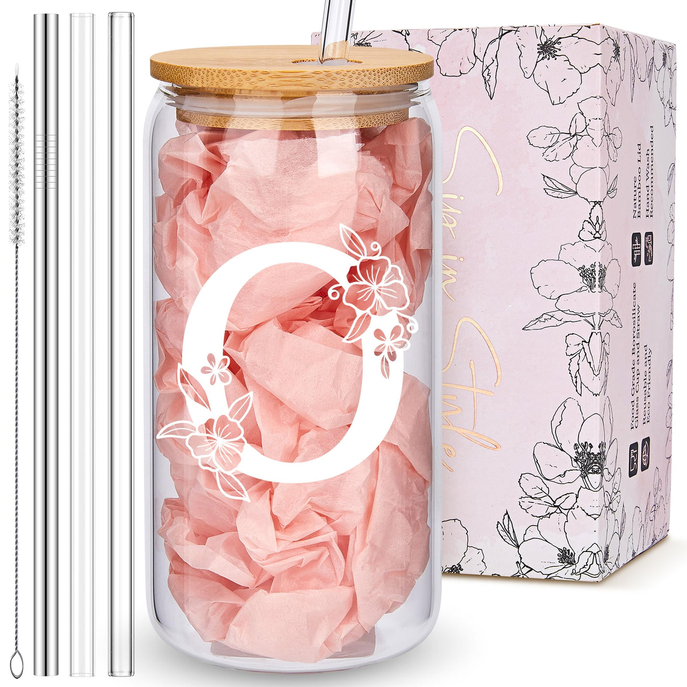 Personalized Tumbler, Monogrammed Can Glass Cups with Bamboo Lids and Straws, Customized Gifts for Women, Cute Design Initial Iced Coffee glasses, Custom Letter Mug, Birthday Bridesmaid, W