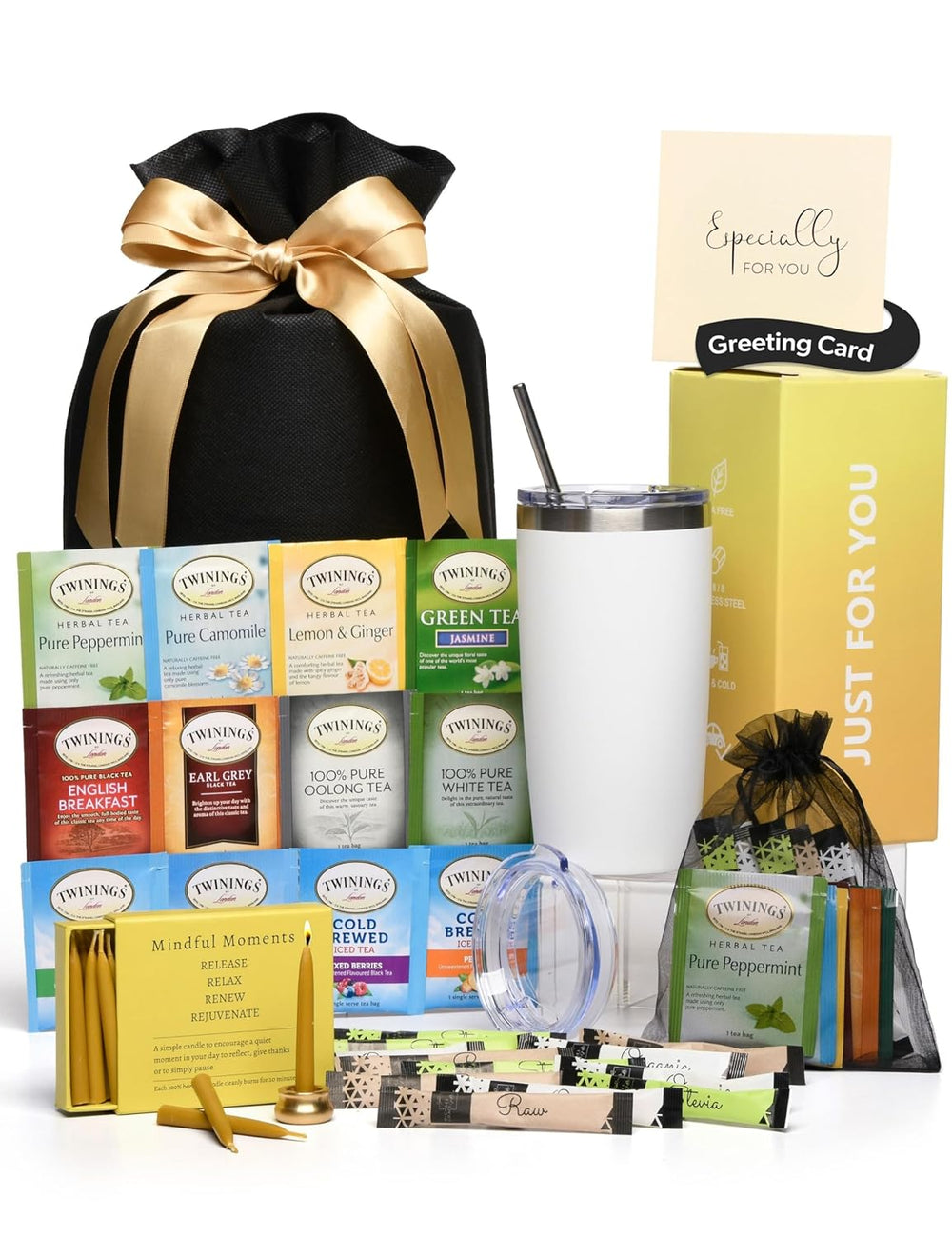 Tea and Coffee Lovers Gift Set - Includes Temperature Retention Cup, 3 Fresh Roasted Full Pot Ground-Coffee Samplers, 6 Special Blend Teabags & Honey Presented in Beautiful Gift Bag For Women & Men