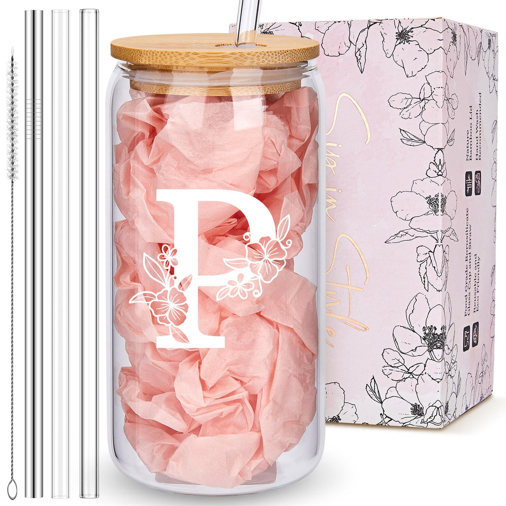 Personalized Tumbler, Monogrammed Can Glass Cups with Bamboo Lids and Straws, Customized Gifts for Women, Cute Design Initial Iced Coffee glasses, Custom Letter Mug, Birthday Bridesmaid, W