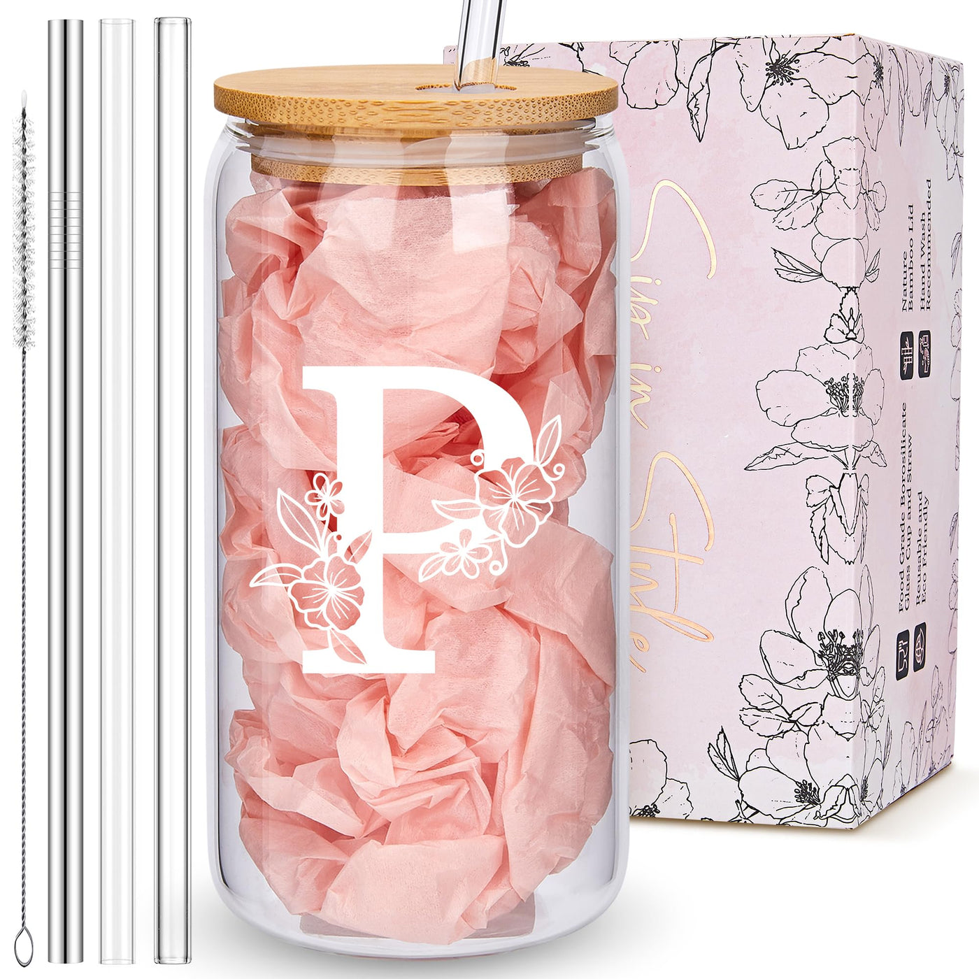 Personalized Tumbler, Monogrammed Can Glass Cups with Bamboo Lids and Straws, Customized Gifts for Women, Cute Design Initial Iced Coffee glasses, Custom Letter Mug, Birthday Bridesmaid, W